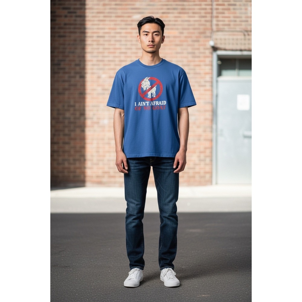 I Ain't Afraid of No Goat Blue Graphic T-Shirt Short Sleeve Crew Neck Tee - Picture 1 of 5